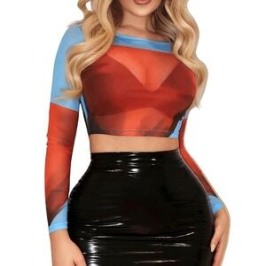New Floerns Womens Y2K Color Block Long Sleeve Mesh Sheer Crop Top Size XS